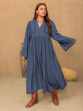 Plus Size Lace Detail Notched Long Sleeve Midi Dress OutfitFlow